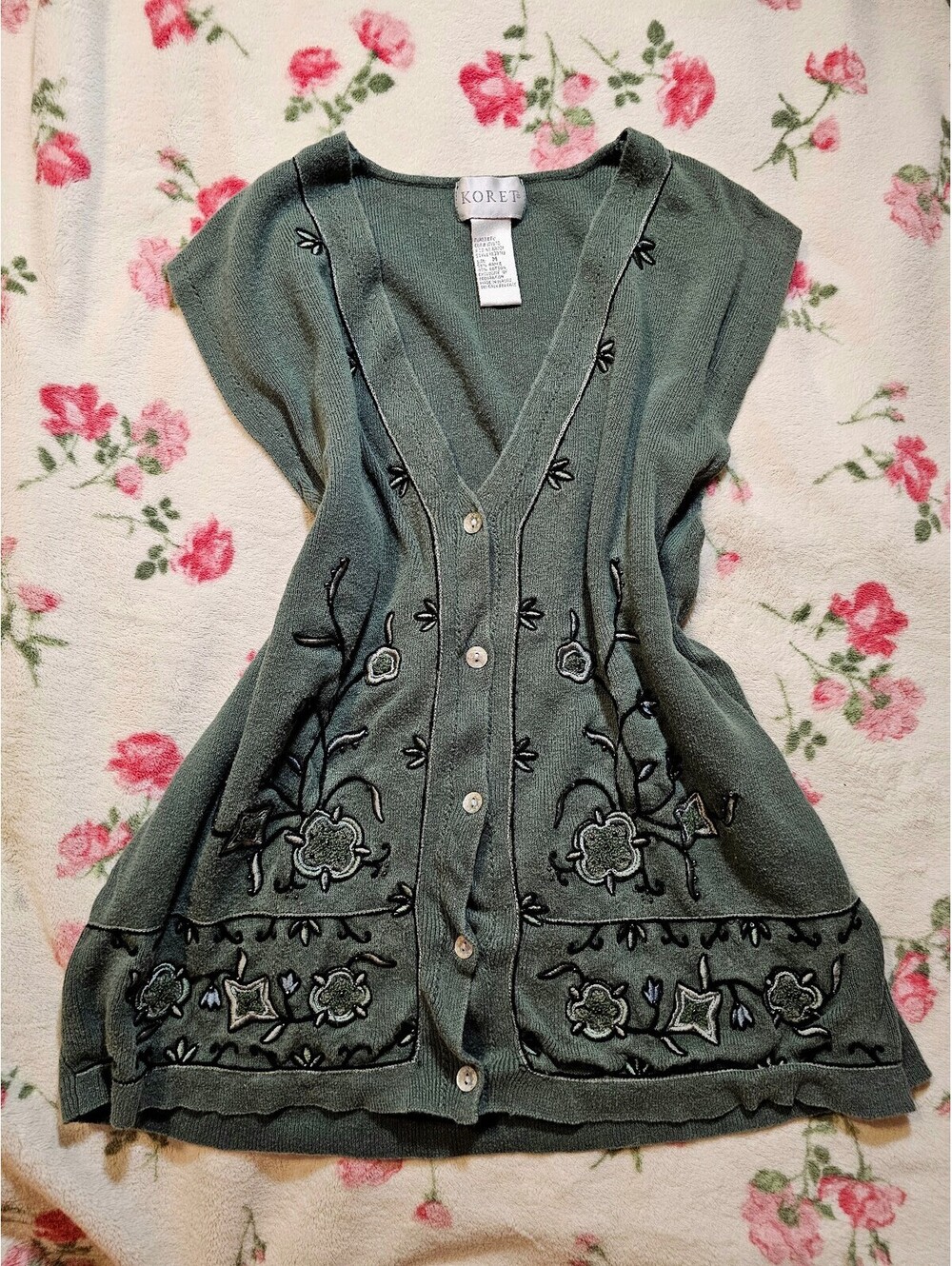 Vintage Sage Green Floral Embroidered Long Koret Sweater Vest